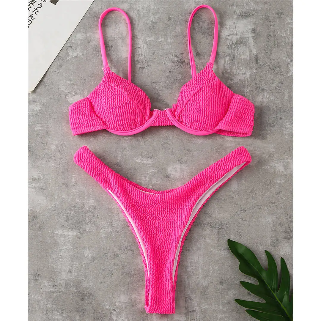 Gerippter, hoch geschnittener Bikini-Badeanzug mit Bügel, Damen-Badebekleidung, zweiteiliges Bikini-Set, String-Badeanzug, Badeanzug, Schwimmanzug V2697SW – Detail 31