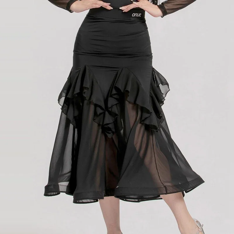 Robes de concours de danse latine pour adultes, Costume de danse de salon pour femmes, manches en maille, haut Latin, jupe de danse moderne SL12899