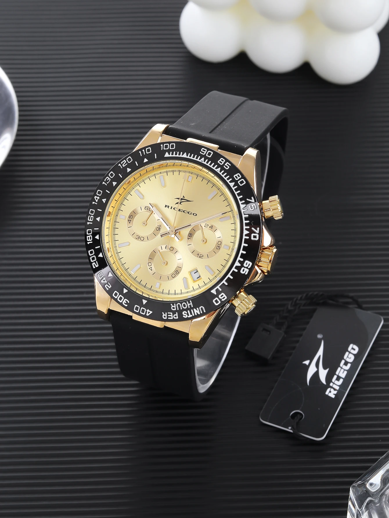 Ricecgo Three-Eye Six-Hand High-End Men's Watch, Quartz Watch, Multi-Function Chronograph Calendar, Rubber Strap, High Quality, Suitable for Holiday Gifts