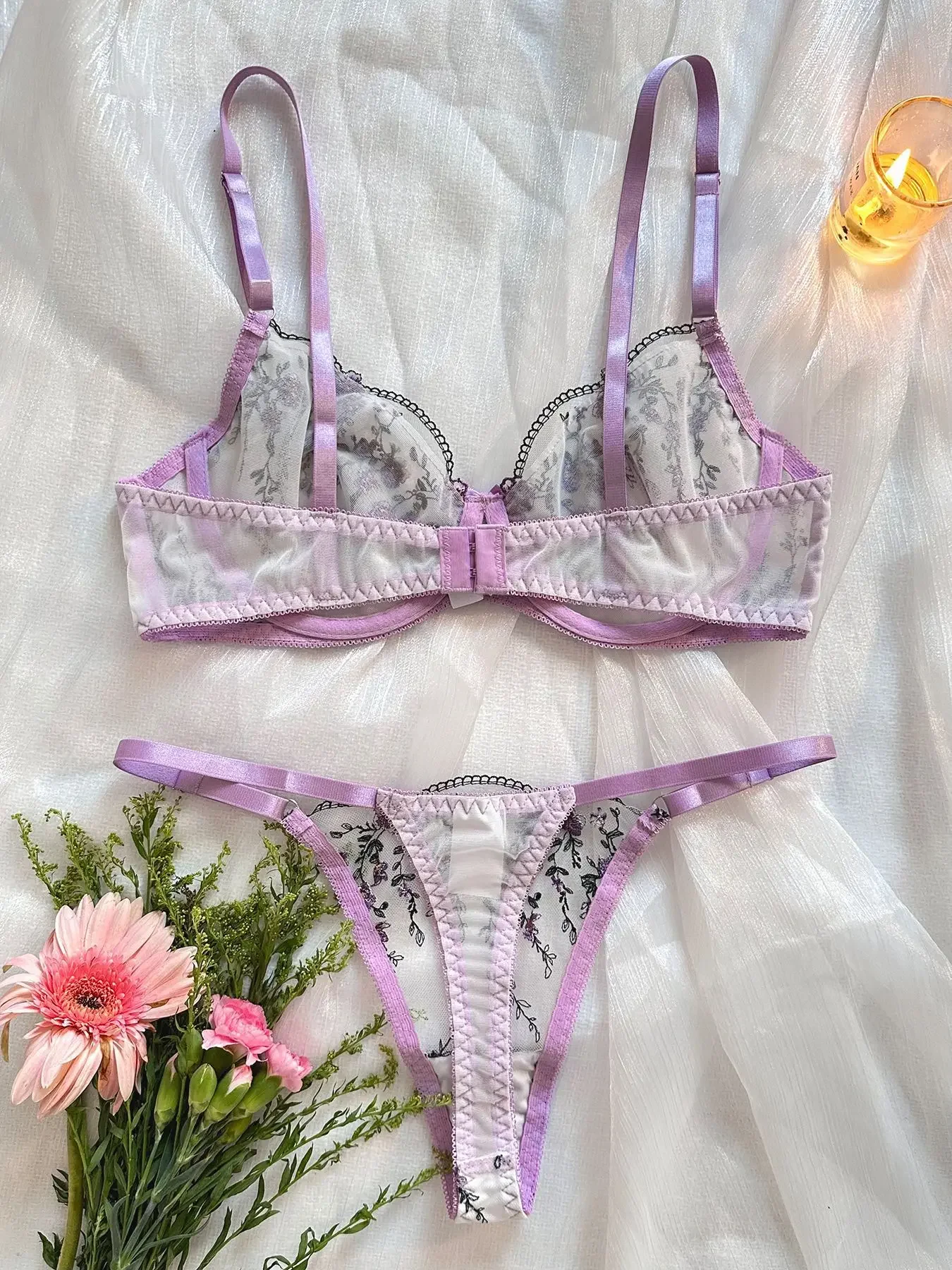 CHUANGERM Sexy Lace Embroidery Fairy Seamless Underwear Bra Set for Women Floral Transparent Lingerie Sheer Exotic Bra Brief Set