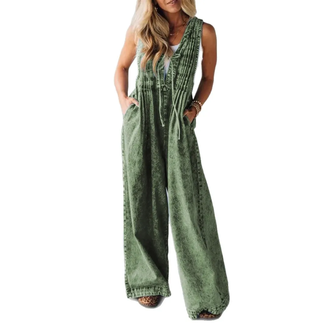 2026 Spring Summer New Casual Versatile Women's Jumpsuits Fashionable Solid Color V-neck Sleeveless High-waisted Loose Jumpsuits