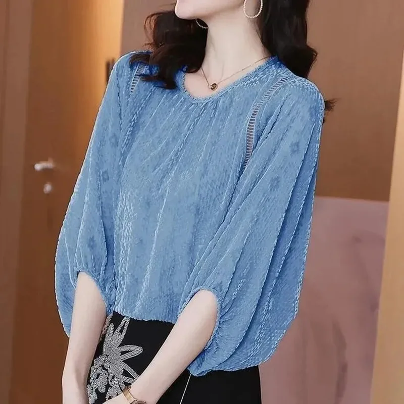 Chiffon Shirt Womens 2024 Summer New Fashion Temperament All-match Casual Blouse Women Large Size Loose Lace Pullover Top