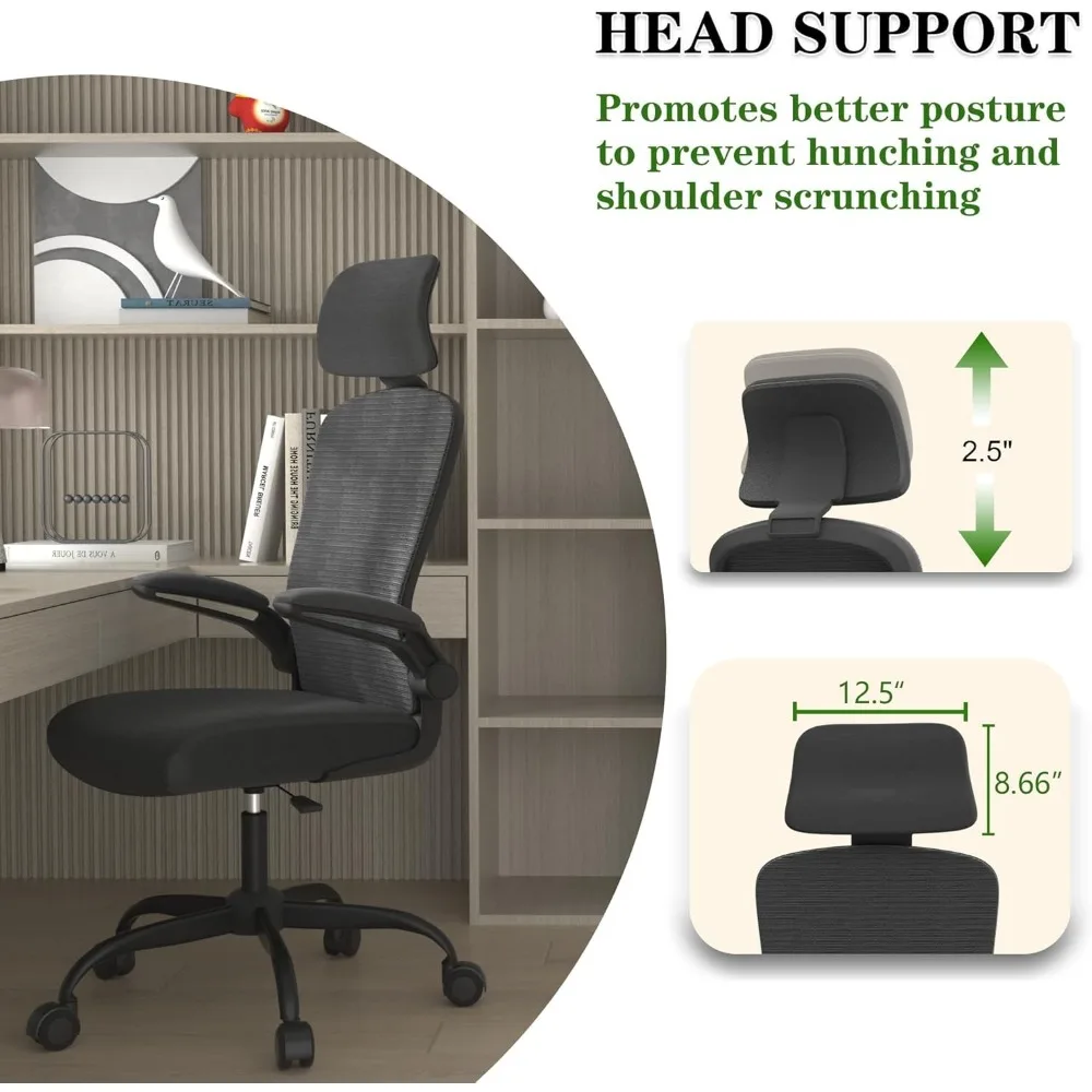 Ergonomic Desk Chair for Extended Sitting with Lumbar Support and Adjustable Headrest for Back Pain Relief - High-Density Foam f