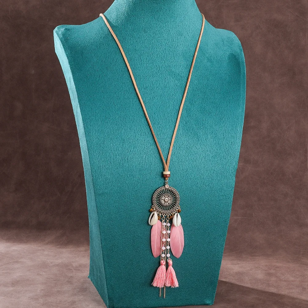 Cross-border explosion Bohemian style colored feather necklace retro fashion vacation style hand dream net necklace wholesale