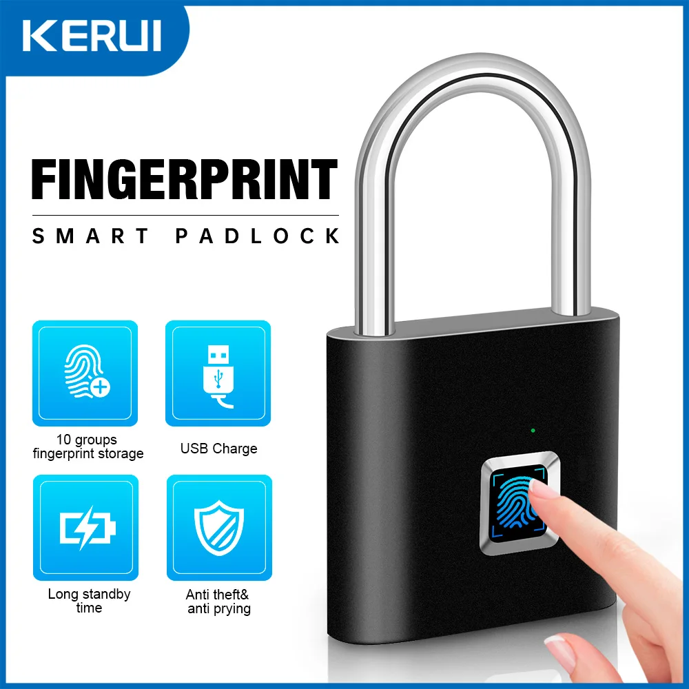 

KERUI Keyless USB-зарядка, замок с отпечатками пальцев, умный замок, водонепроницаемый дверной замок, разблокировка 0,2 с, портативный противоугонный замок, цинк