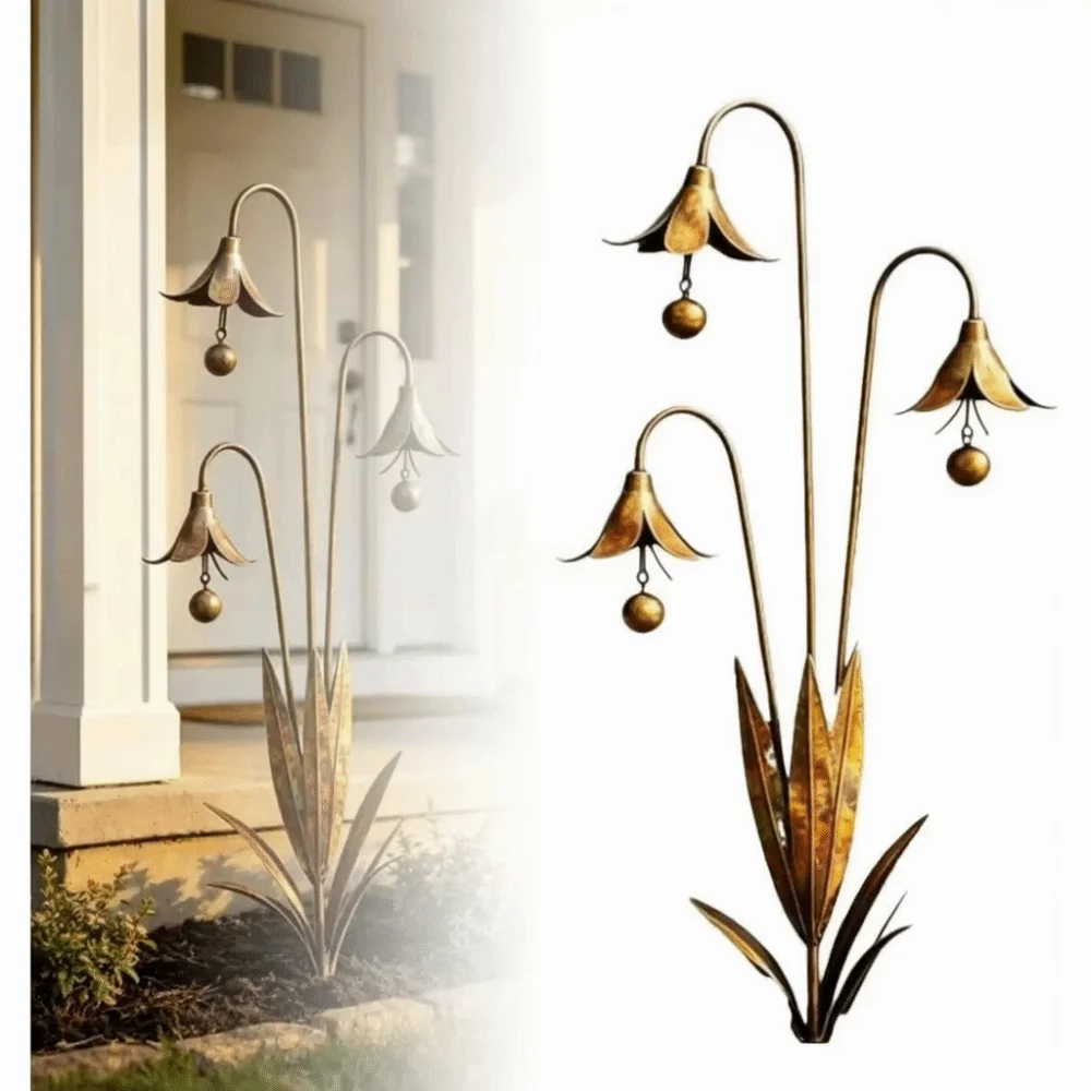 New Metal Garden Stake Rustic Handmade Triple Bluebells Garden Stake Flower Shape Outdoor Yard Ornament for Garden