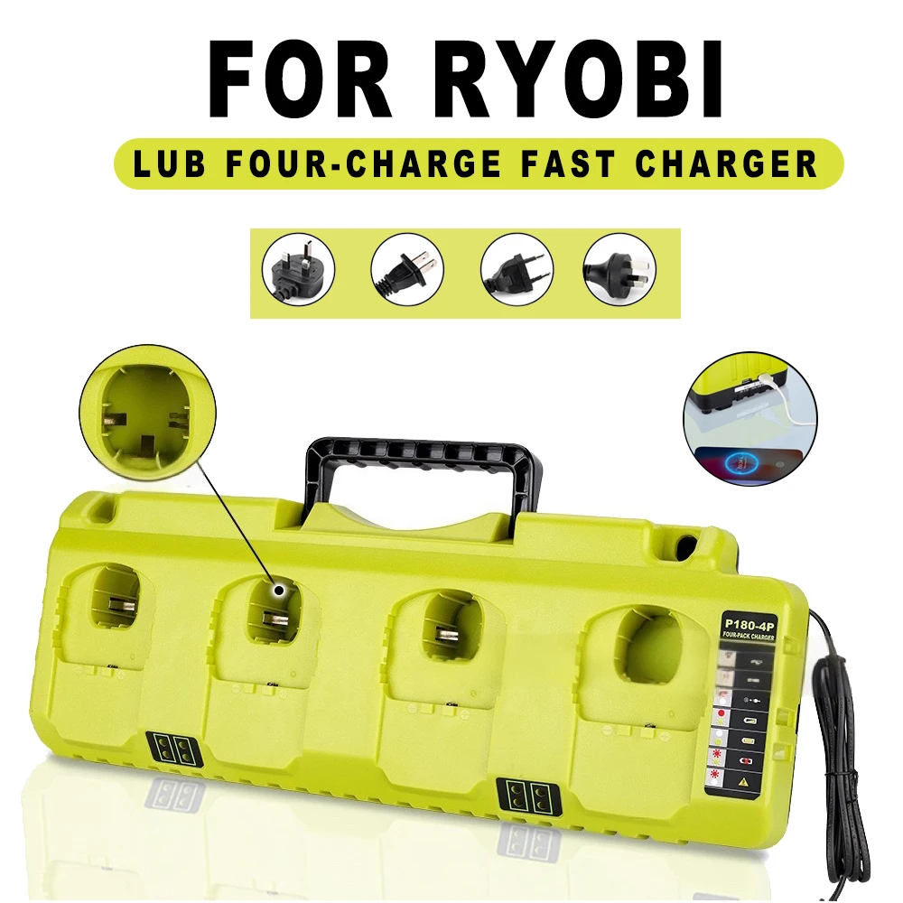 4 ports Replacement Charger for Ryobi NiCD NiMH Li-ion12V 14.4V 18V Battery P107 P108 P108 ONE+ P110 fast charging With Dual USB