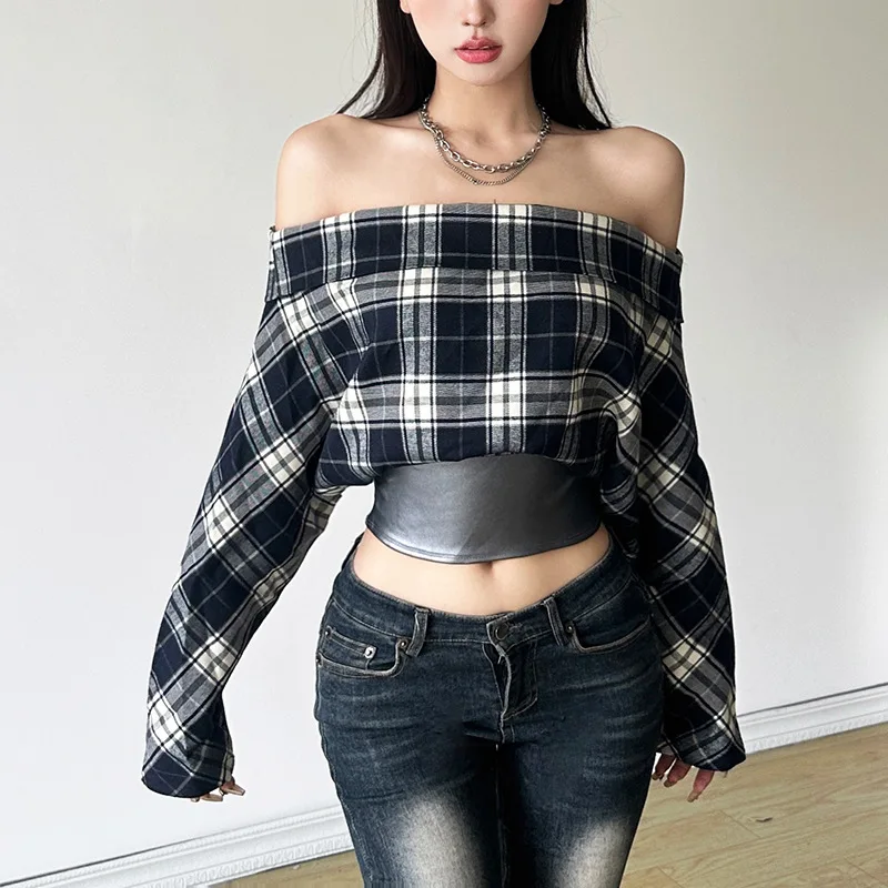 

2024 Autumn New Faion Women's Knitted Long Sve T-irt Waist Cinched Plaid Color Blo Cross-Border Sle Polyester