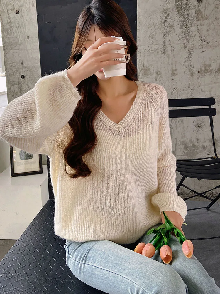 DABUWAWA Tienda Vestidos Elegantes Para Mujeres V-Neck Knitted Sweater Women’s Screw Thread Loose Y2k Basics Top 니트 DA1AJS008