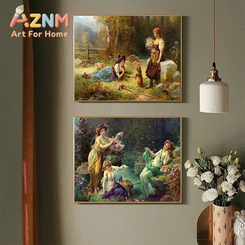 Vintage Renaissance Aesthetic Hans Zatzka Reproduction Canvas Painting And Prints Noble Lady in The Garden Poster Wall Art Decor