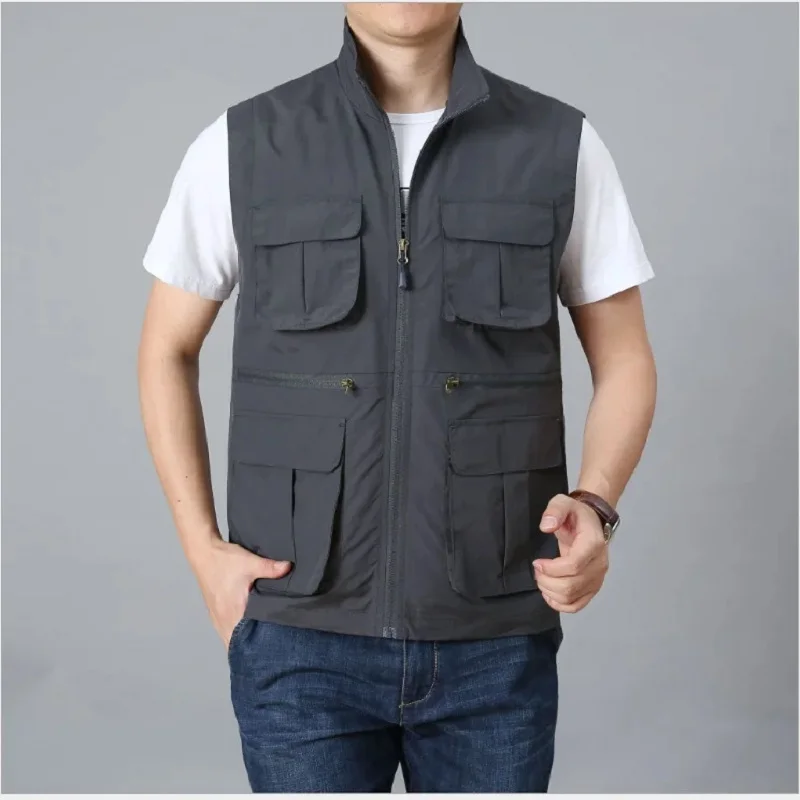 Men's Leisure Vest Jacket Solid Color Tooling Clothes M-8xl Waistcoat Thin Fishing Hiking Multi-pocket Casual Loose Vest For Men