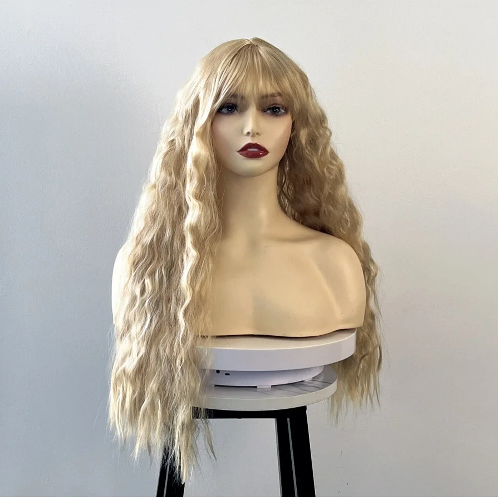 Wig Women's Light Golden Bangs, Wavy Long Curly Hair With An Atmosphere, Full Hair Cover