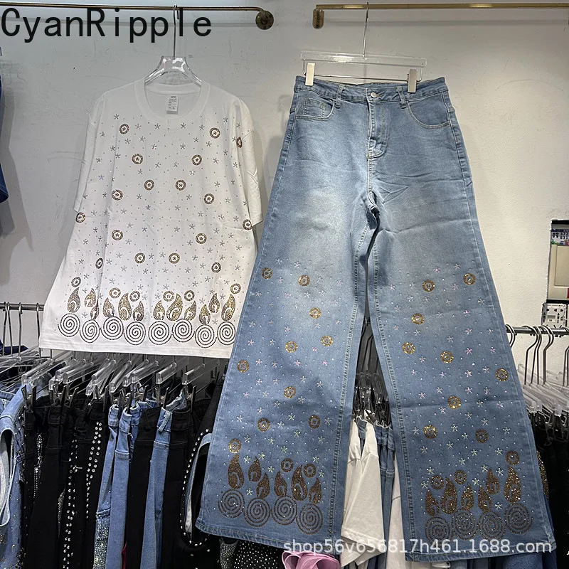 Fashionable Women Two-piece Set Luxury Hot Diamonds White Short Sleeve T-shirt Top + High Waist Wide Leg Straight Denim Pants