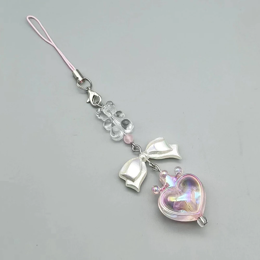 Original Y2K Phone Lanyard Charm Strap Clear Bear White Bowtie Colorful Crown Heart Bag Pendant Keychain Hanging Rope Keycord