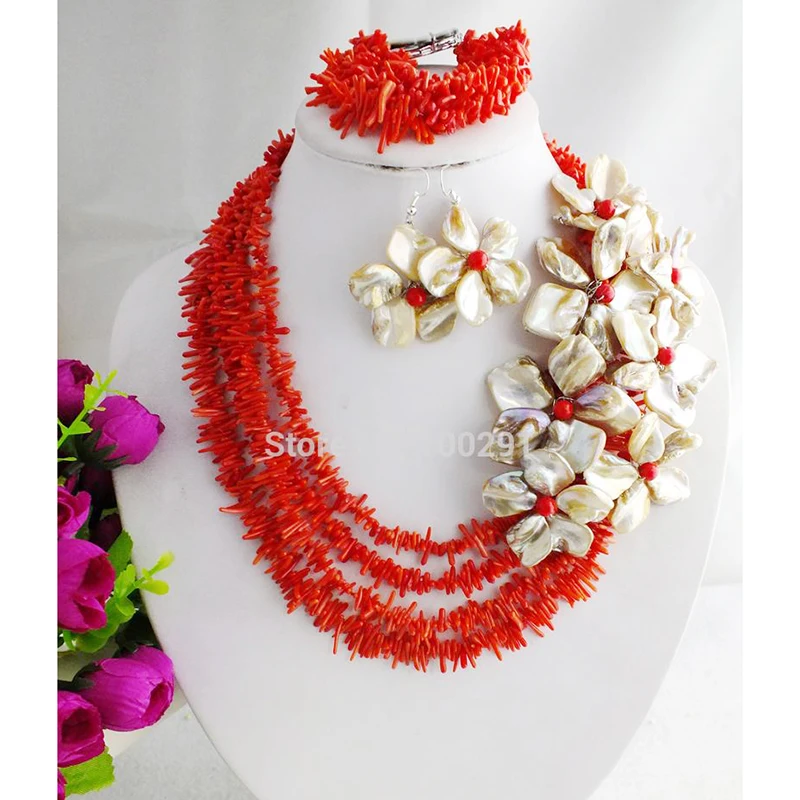 

Exquisite. Pretty !! Fashion Design Red Coral Beads Jewelry Set New Handmade African Beads Jewelry Set 20"