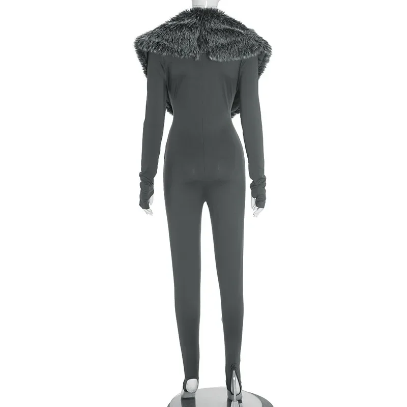 Monos ajustados de retales peludos de lujo a la moda para mujer, guantes con cuello de piel sintética, monos ajustados de manga larga con cuello en V profundo para Otoño e Invierno