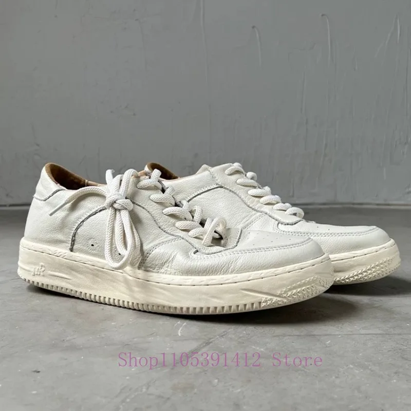 Fashion Men White Sneakers Japanese Style Thick Sole Skate Shoes Genuine Leather Round-toe Casual Shoes Zapatos Hombre