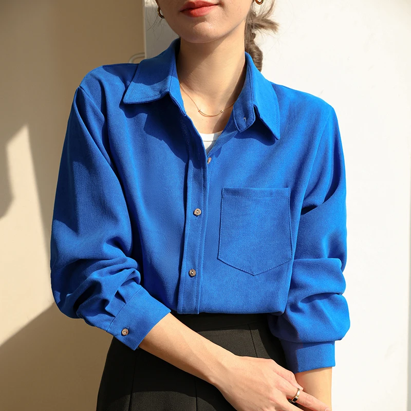 Camicette da donna da ufficio Camicette da donna in velluto a coste tinta unita Camicie vintage Moda vestibilità ampia Abbigliamento primavera/autunno Top da donna a maniche lunghe