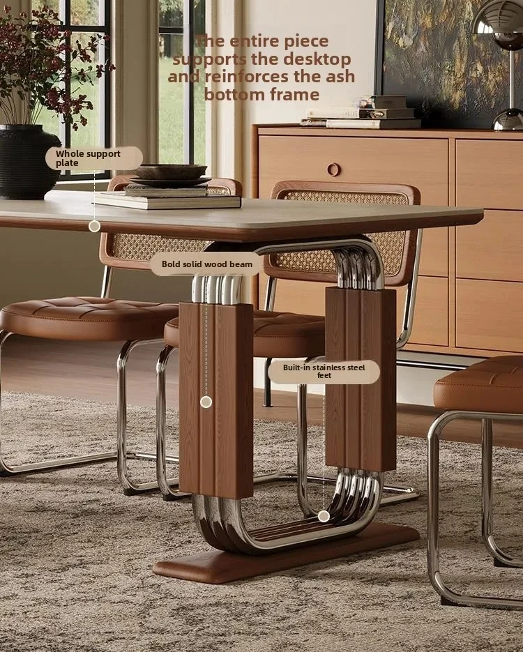 Mesa de comedor de losa de roca de travertino personalizable, sala de estar rectangular, roca de madera maciza retro