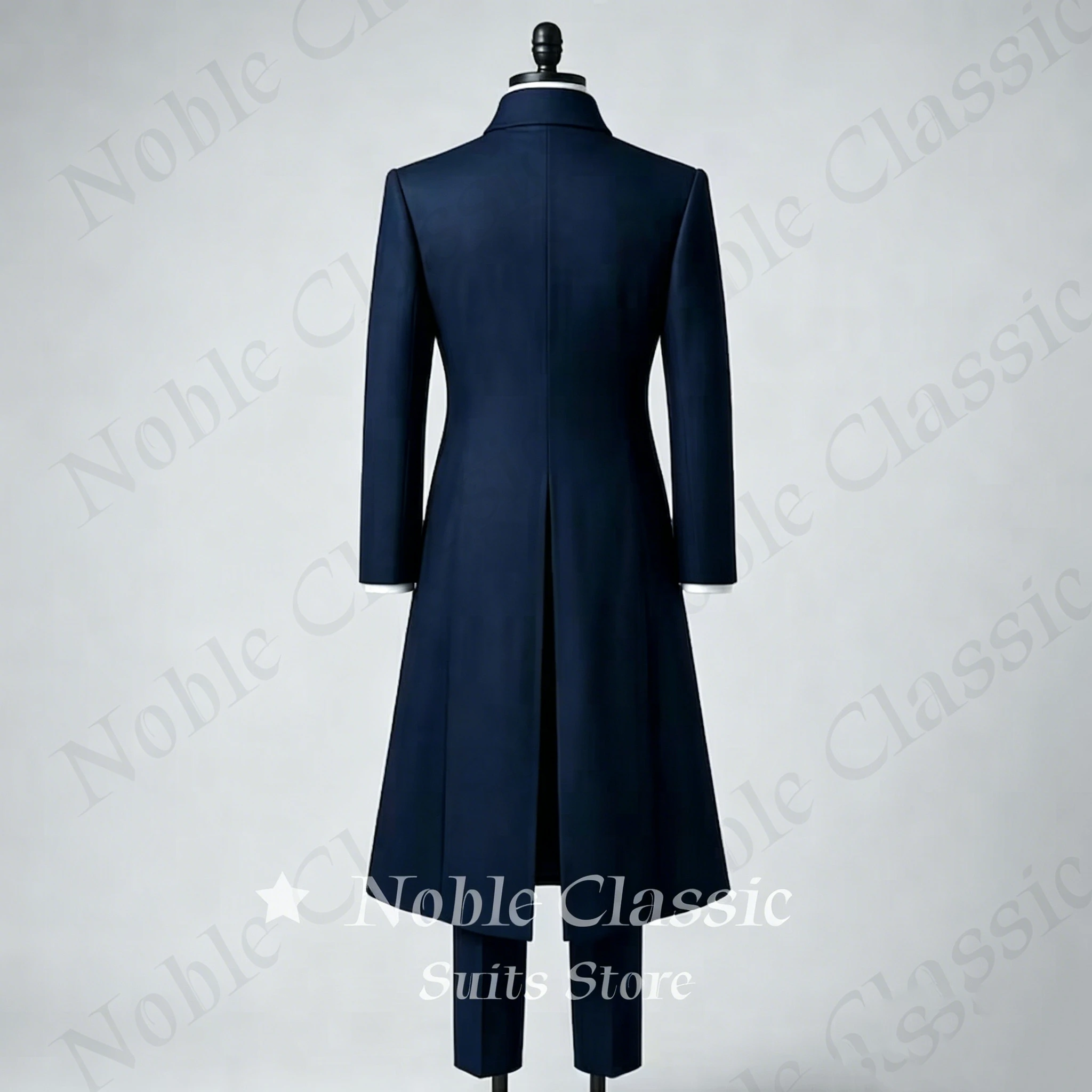 Men Navy Blue 3 Piece Suit Contrast Piping Peak Lapel Full Length Tuxedo Jacket Vest Pants Formal Wedding Guest Customized