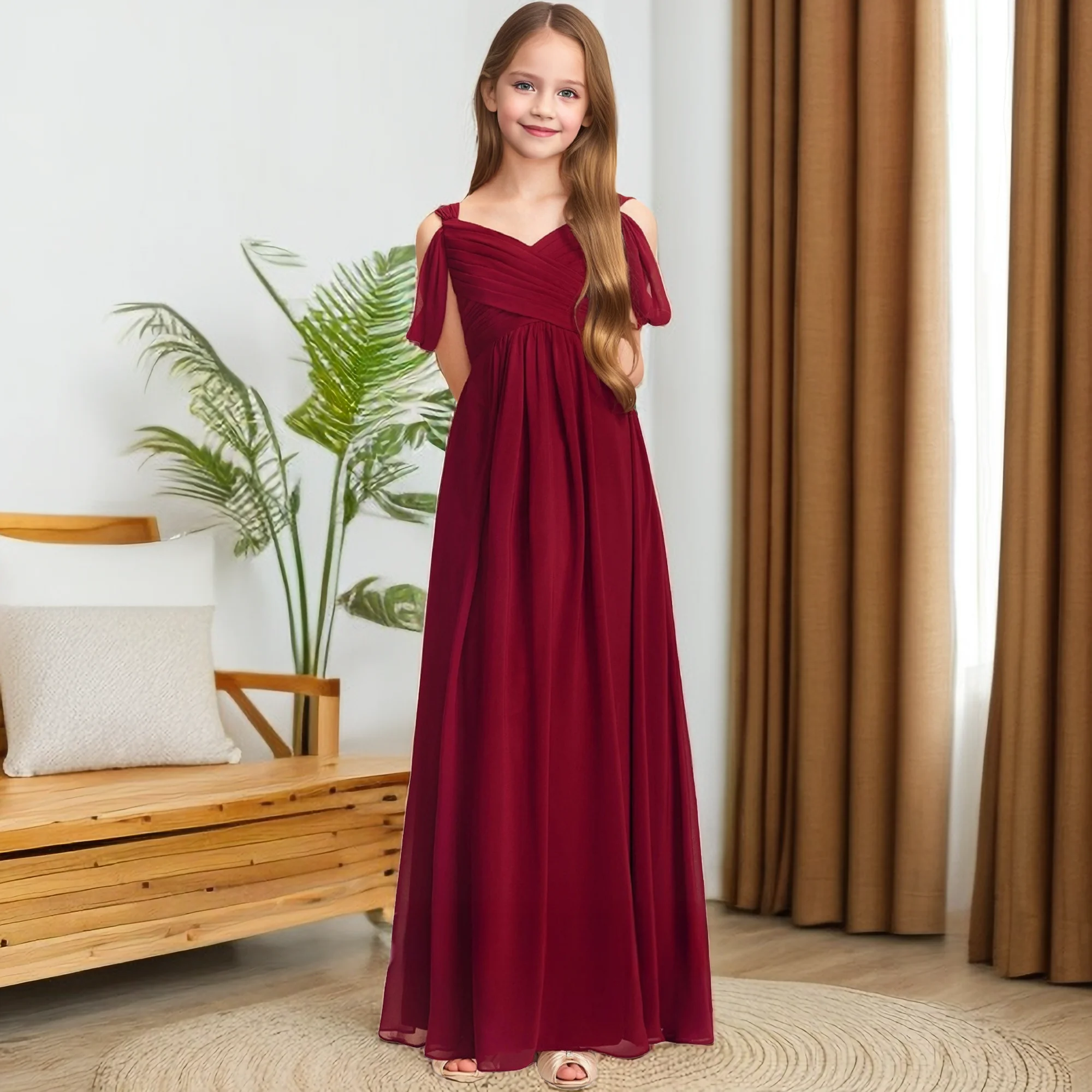 

Cold Shoulder Chiffon Junior Bridesmaid Dress For Children Pageant Banquet Wedding Ceremony Ball Gown Birthday Party Celebration