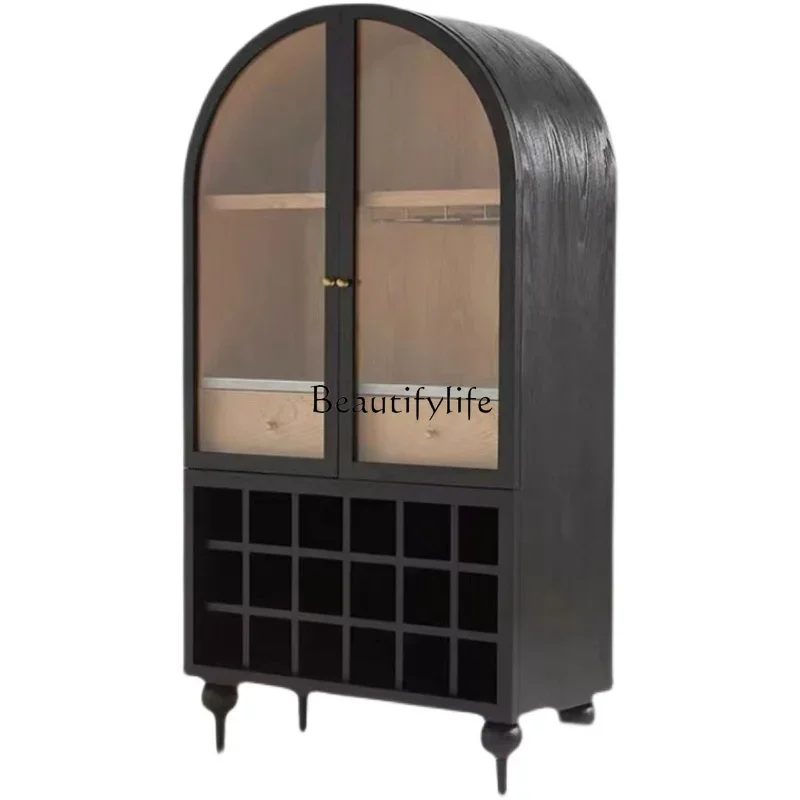 

13Nordic Solid Wood Vintage Black Wine Cabinet Chinese Style Wall-Mounted Round Top Glass American Style Double Door Cabinet
