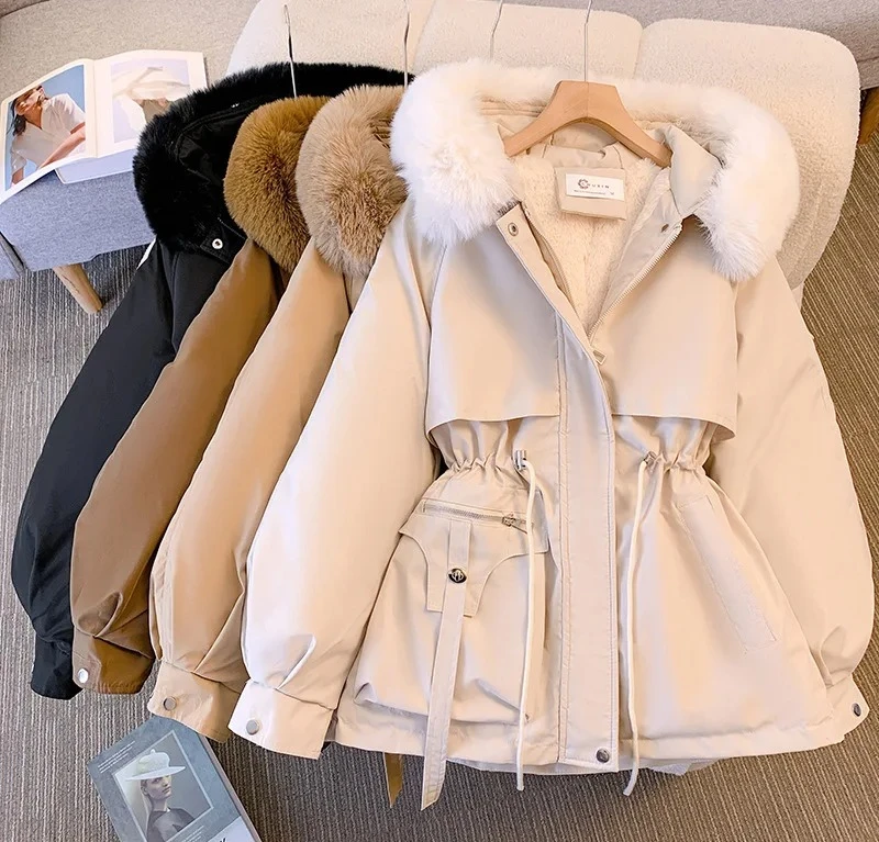

Fleece Lined Hood Down Jacket Winter Coat for Women Warm Drawstring Padded Parkas Korean Casual Streetwear