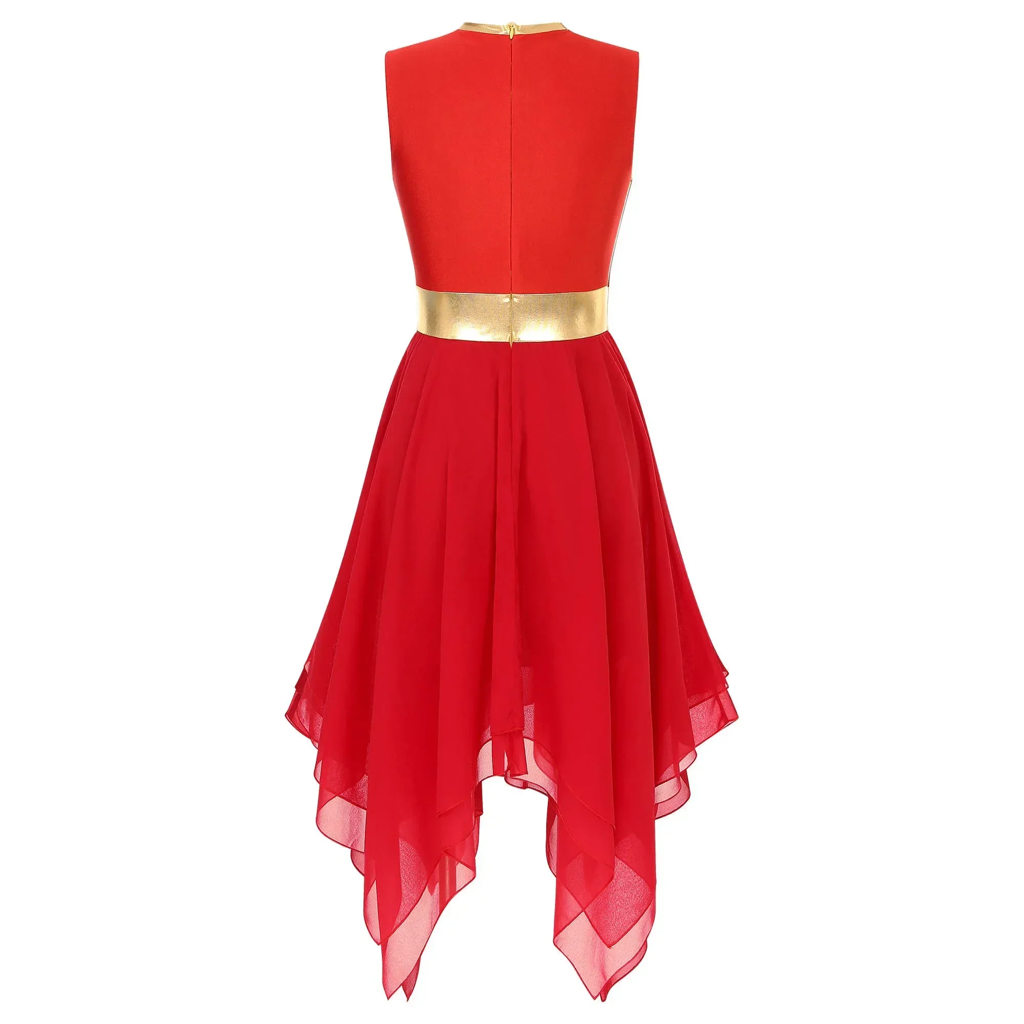 Womens Color Block Irregular Hem Modern Lyrical Dance Costume Dresses Sleeveless Invisible Zipper Back Dress Ballet Dancewear