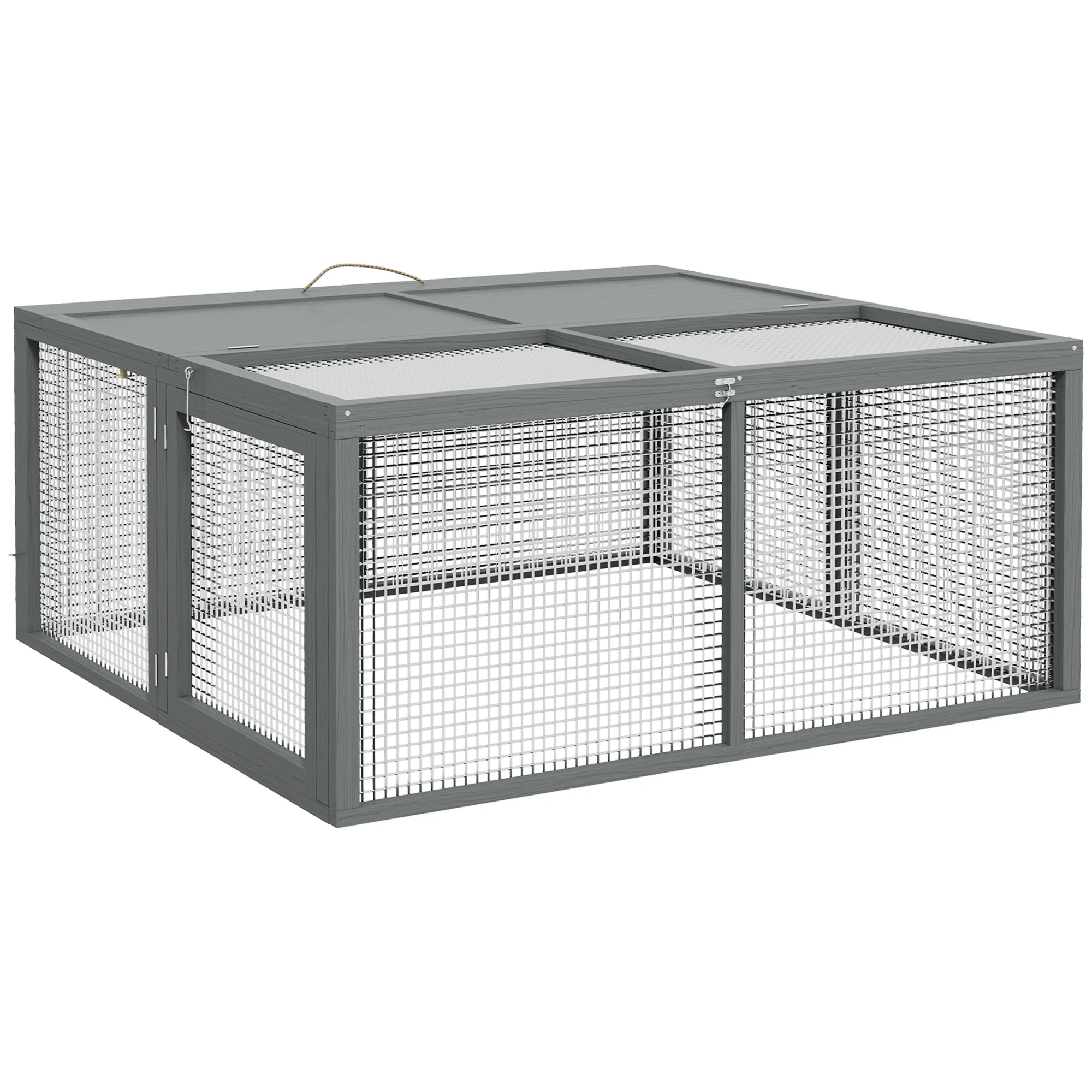 PawHut Jaula plegable para conejos de exterior con techo solar completo, jaula de madera resistente para conejos de interior con asa, parque para conejos