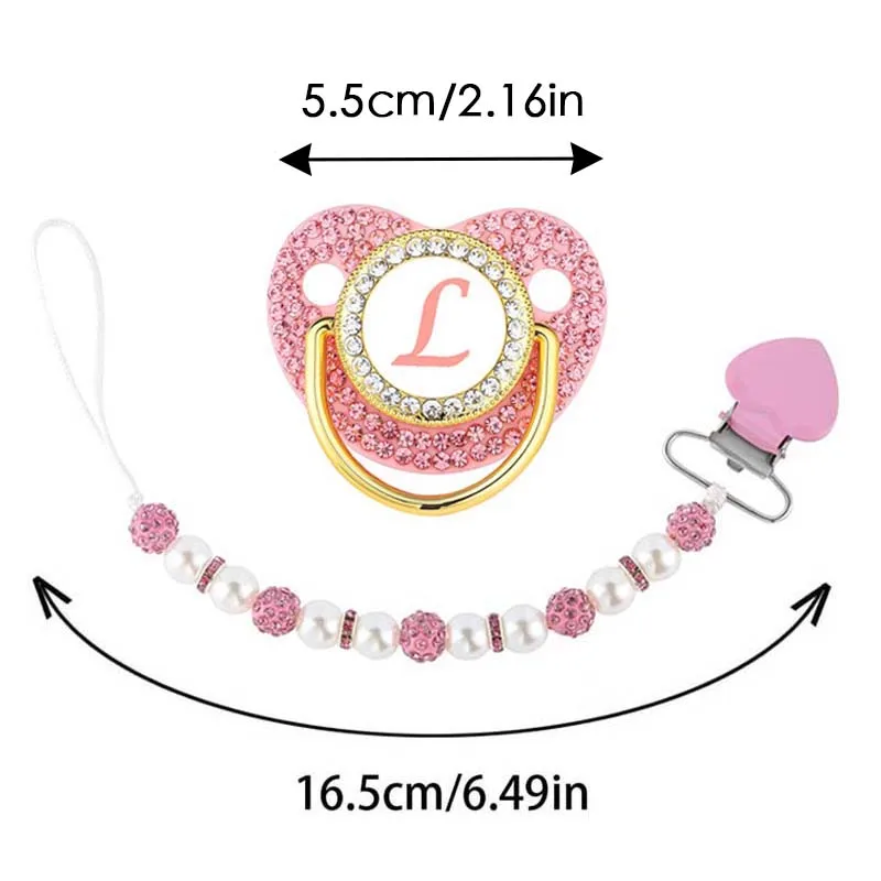 Pink Zircon 26 Letters Baby Pacifier Clip Luxury Personalized Beaded Newborn Pacifiers Holder Silicone Infant Teether Nipple