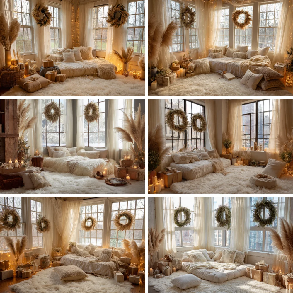 

Photography Background Winter Garland Christmas Boho Beige Room Xmas Tree Gift Kids Family Portrait Decor Backdrop Photo Studio