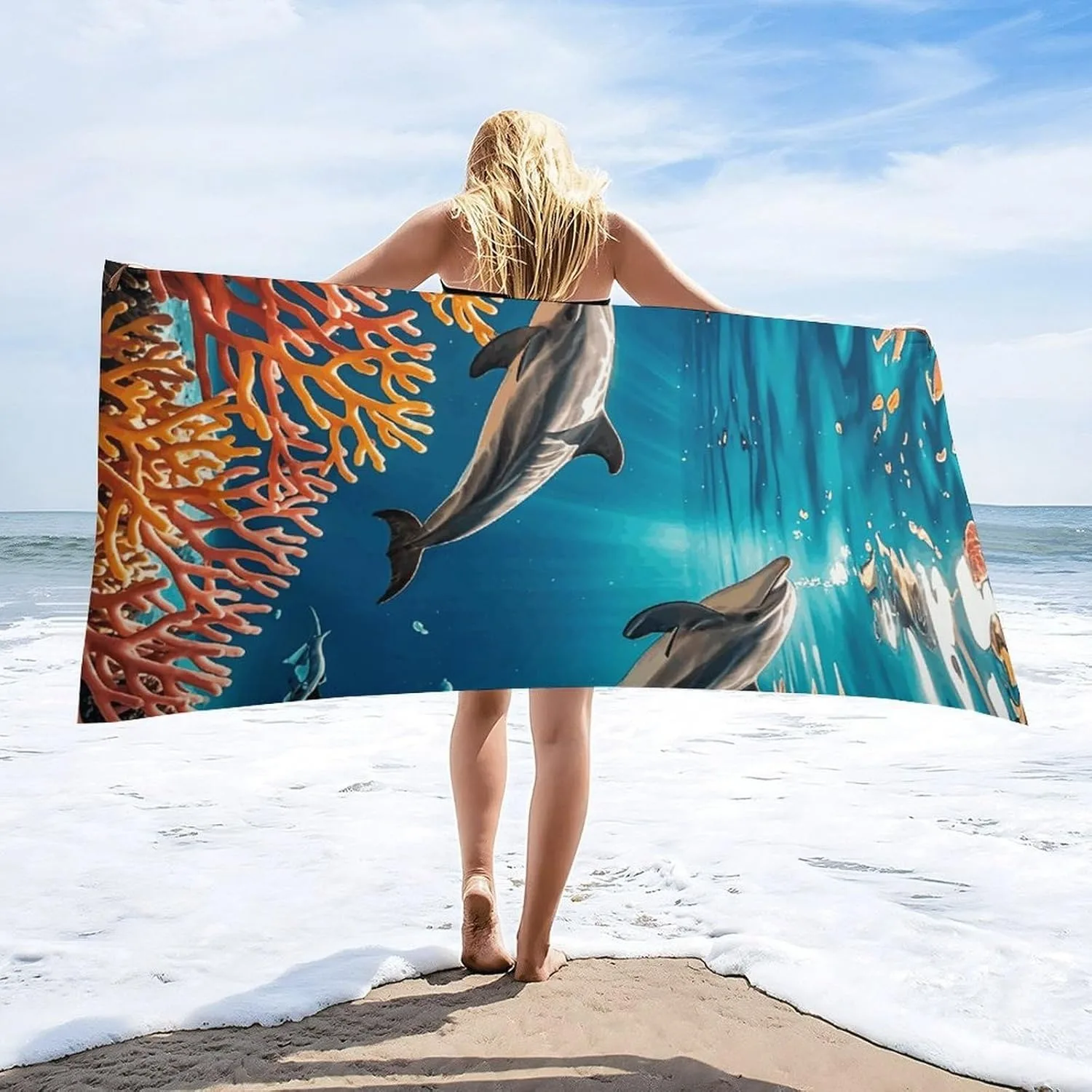 

Dive in Ocean Magic: Изысканное пляжное полотенце Dolphin & Coral Подходит для полотенец, банных полотенец, пляжных полотенец.