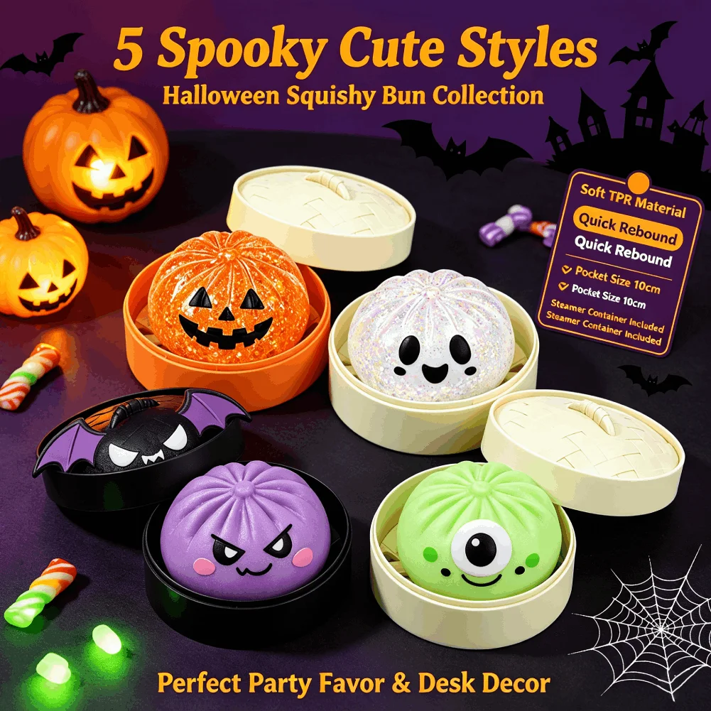 Halloween Spooky Steamed Bun Sensory Fidget Toy Soft Tpr Squeeze Toy with Simulation Steamer Box for Kids Party Gift Fidget Toy