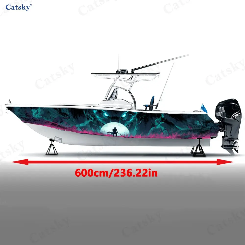 Cyan Lightning Giant Wolf Boat Stickers, PVC Waterproof Durable Vinyl Wrap Decals for Fishing Boats, Durable and Stylish Design