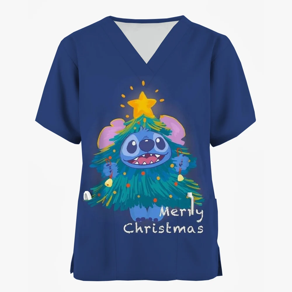 Uniformes d'infirmière College pour femmes, chemisier médical, salopette, manches courtes, col en V, joyeux Noël, Disney Stitch