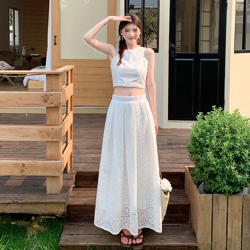 Southeast Asian Women's Fashion High Waist A-Line Sleeveless round Neck Short Top And Skirt Set Slimming Effect Summer Wear