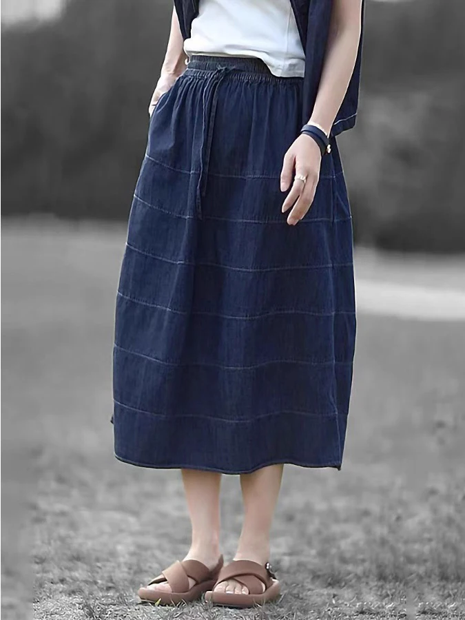 

Casual Artistic A-Line Denim Skirt High Waist Patchwork Striped Elastic Waist Midi Skirt plus Size Summer Women's Faion