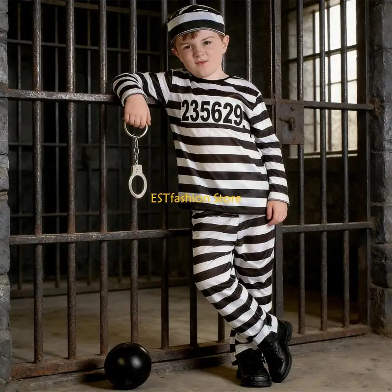 Y5GC Multifunctional Polyester Kids Convict Outfit With Numbers Halloween Role Play Costume Photography Props Accessories