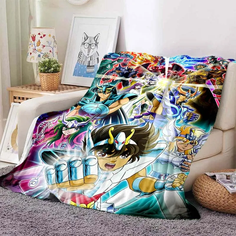 Saint Seiya Anime Flannel Throw Blanket Cozy Soft Cartoon Print For Bed Sofa Living Room Indoor Home Ornament Xmas Holiday Gift