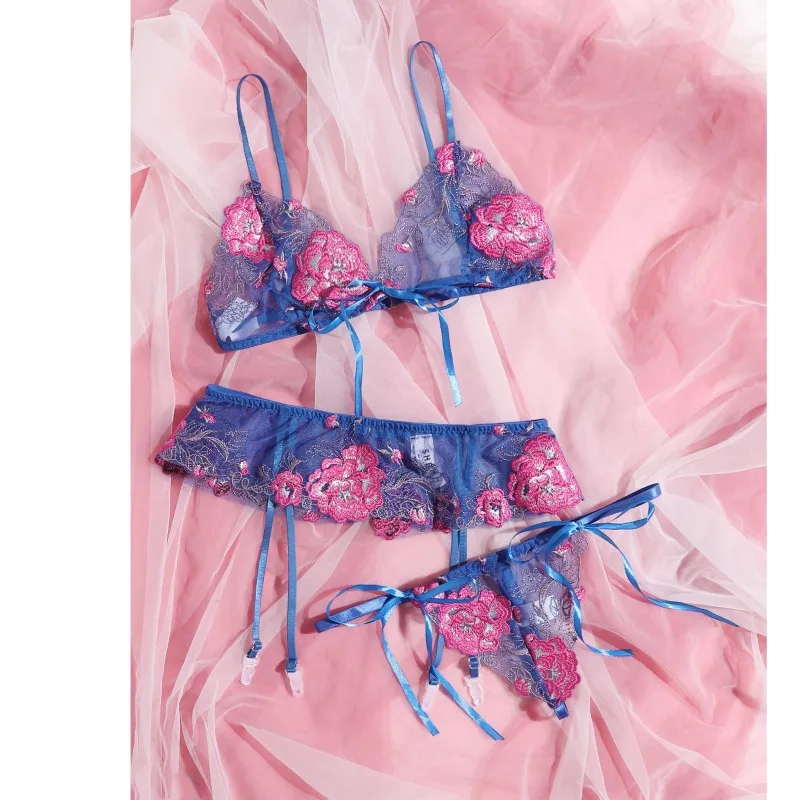 

Top Women's Bra Women's Underwear Mesh Embroidery Lace-up Bra with Garter 3-piece String Bodysuit Lingerie Sexy Sleepwear