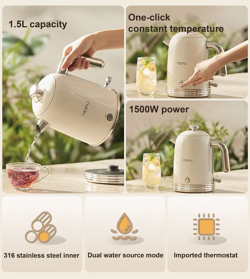 Hervidor eléctrico de 1500ml, tetera hirviendo de acero inoxidable 316, tetera termostática para el hogar para bebé, hervidor de leche con aislamiento automático de 1500W