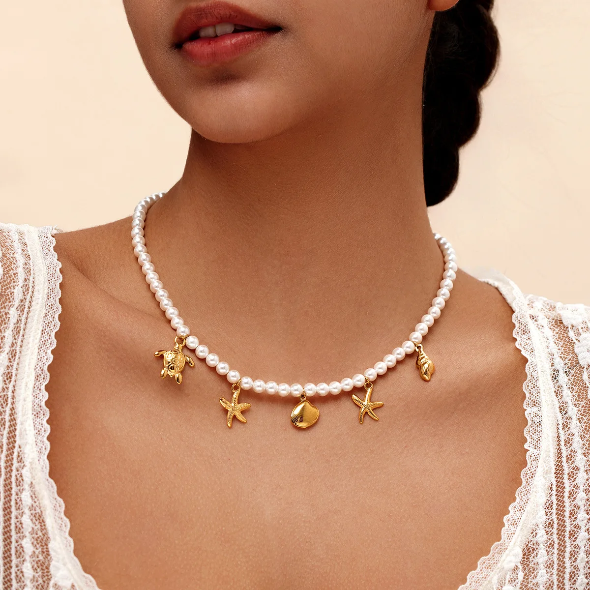 

Vintage Style Simple Pearl Chain Choker Necklace Tocona Bohemia Starfish Shell For Women Wedding Love Shell Pendant Jewelry