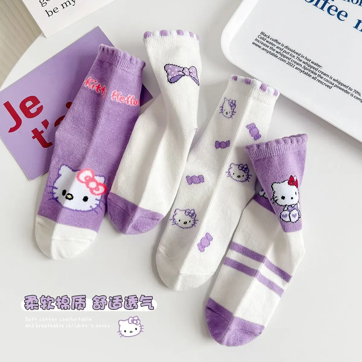 4 pairs Sanrio Hello Kitty Sports Socks Kawaii High-Quality Stockings Combed Soft Cotton Mid-tube Children's Socks Gift for Kids