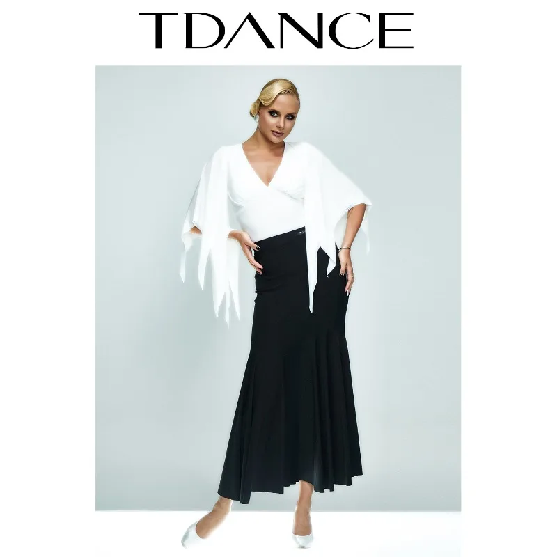 Abito da pratica moderno TDANCE personalizzato [mono con maniche volanti con scollo a V] Giunzione con cuscino sul petto per la classe femminile JM-155