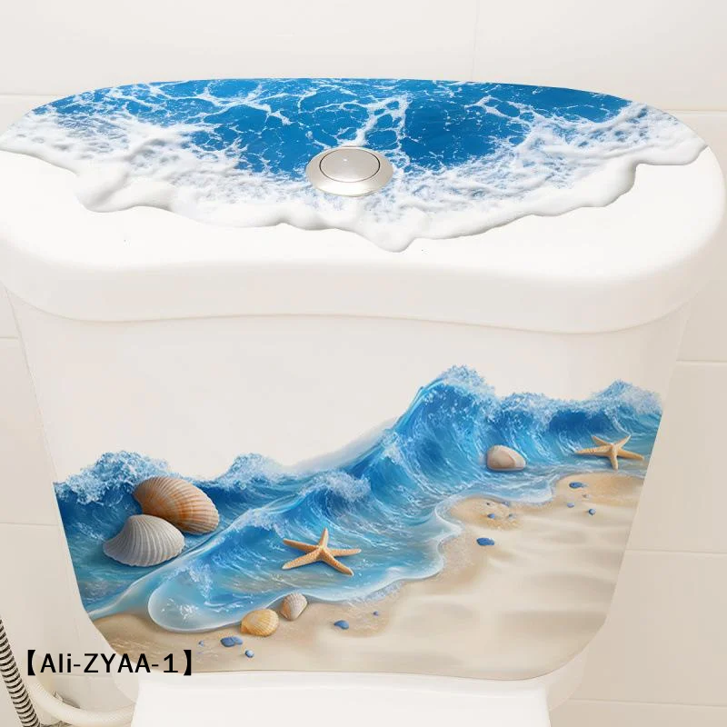 【A】Ocean Wave Toilet Sticker Bathroom Realistic Beach Floor Decal Waterproof Anti-Slip Removable Bathtub Seashore Decoration