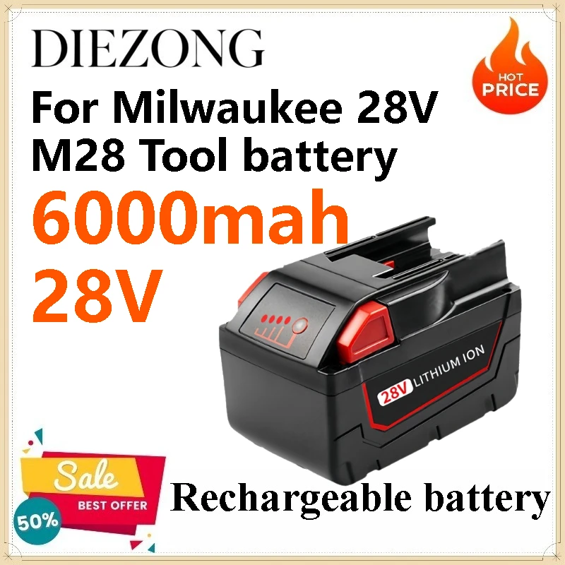 28V 6.0Ah Li-Ion Replacement Battery for Milwaukee 28V M28 48-11-2830 Tool Battery