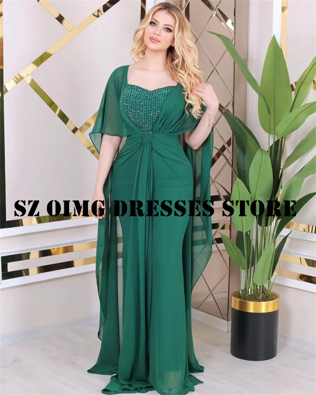 OIMG New Design Chiffon Prom Dresses Arabic Women Ruched Sweetheart Sheath Beading Evening Gowns Formal Party Dress