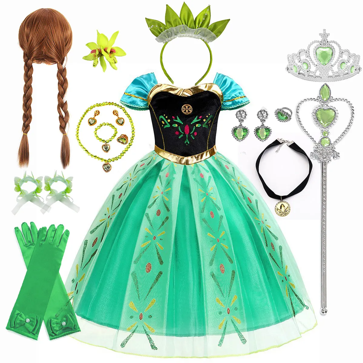 Disney Halloween Green Anna Dress Ball Gown Girls Festival Cosplay Princess Outfit Snow Queen Dress Frozen Birthday Party Gown