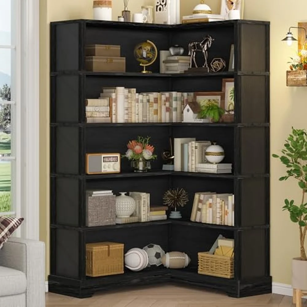 Wood Corner Book Shelf 5 Tier 65 Inch Tall Bookshelf with Storage Floor Standing Display Book Shelf for Living Room