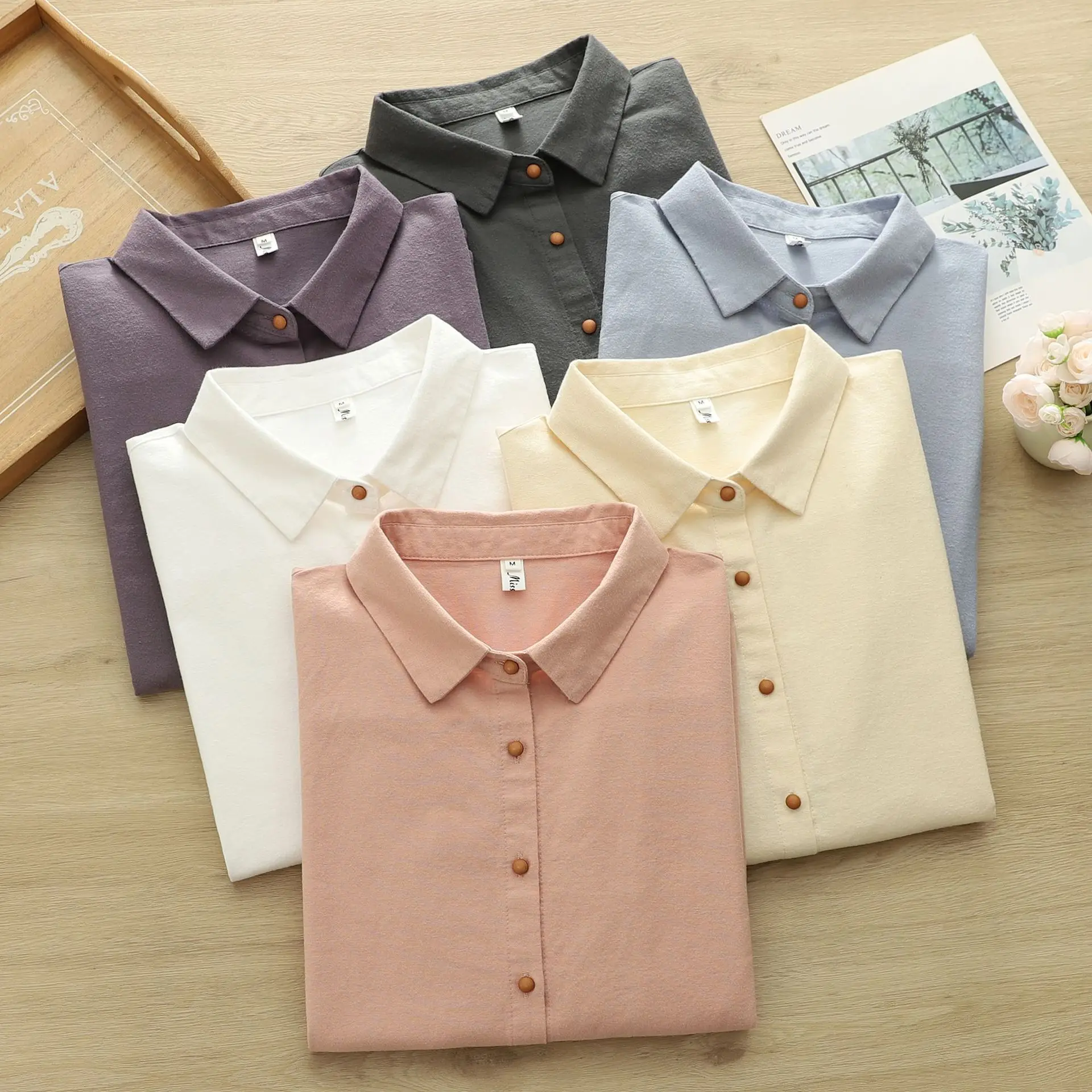 

High Quality Women 100% Cotton Blouse Shirt Red Buttons Brushed Cotton Pointed Neck Long Sleeve OL Casual Basic Shirts Blouses